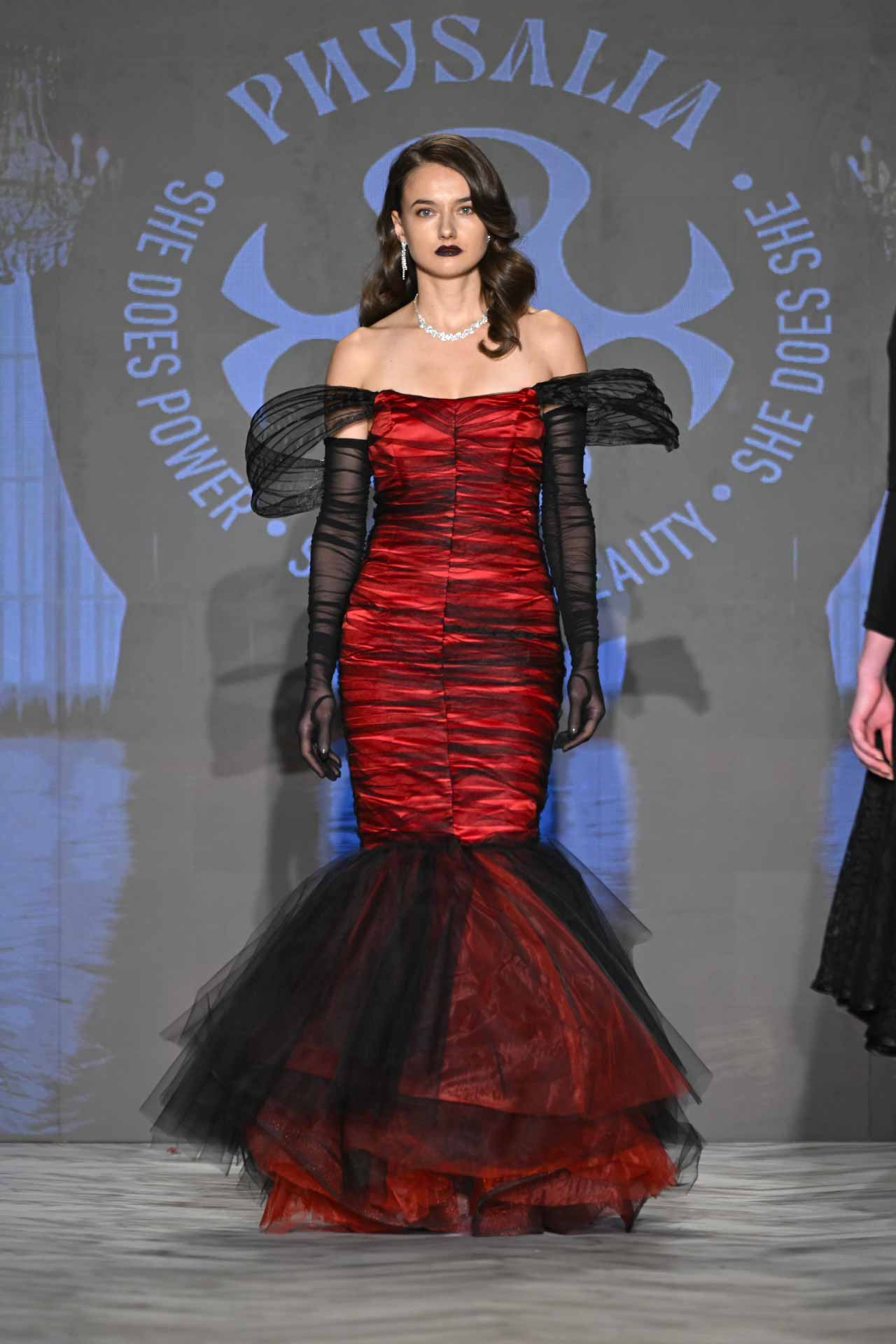 Physalia Look 10 — off-the-shoulder red silk and black tulle mermaid evening gown