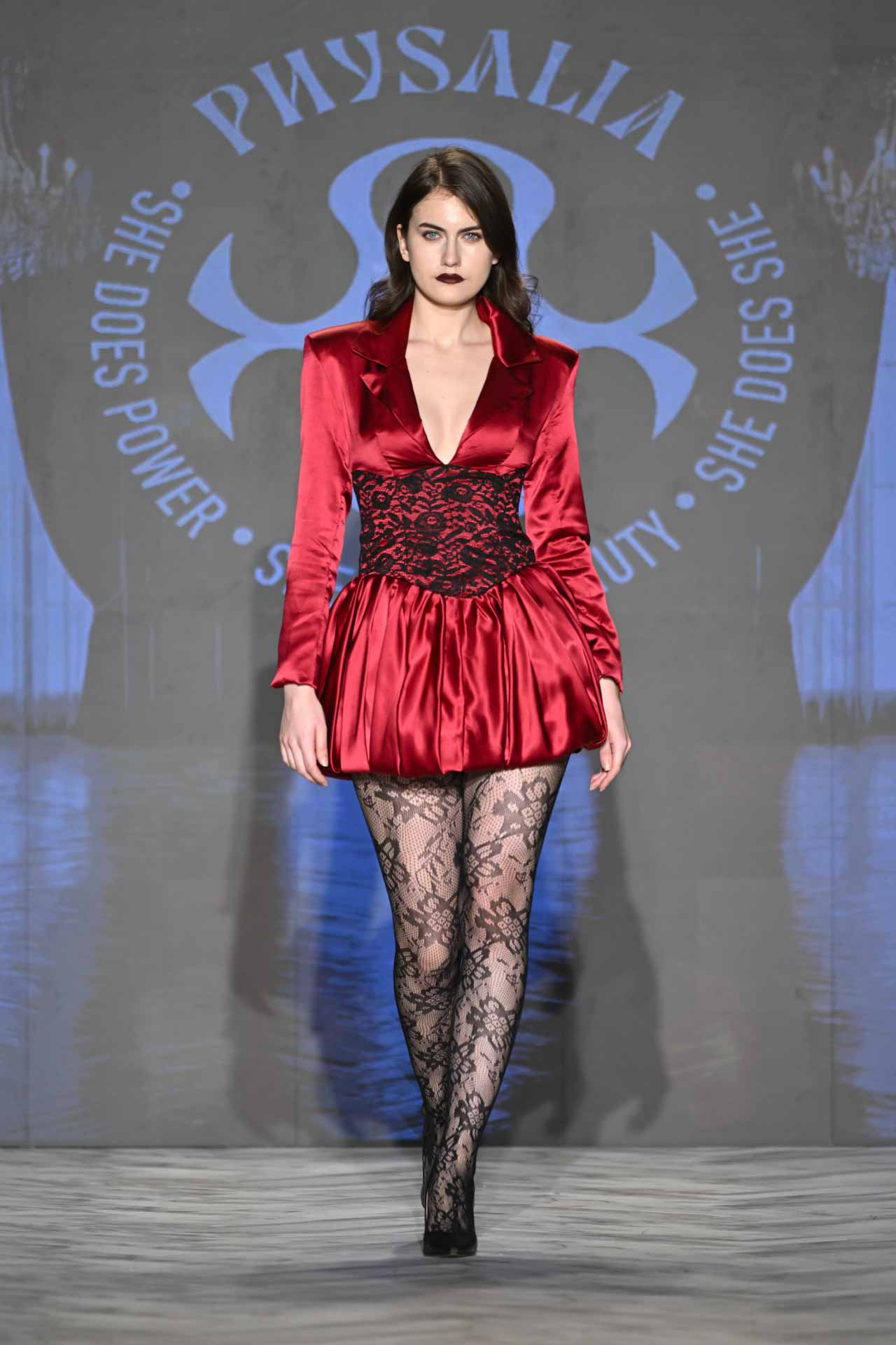 Physalia Look 8 — red silk mini dress with black lace corset waist and bubble skirt