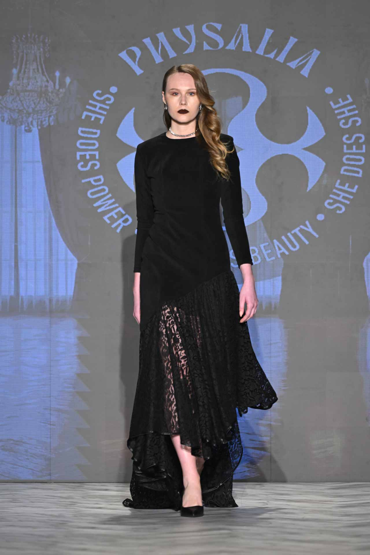 Physalia Look 9 — long-sleeve black velvet evening gown with asymmetrical black lace skirt